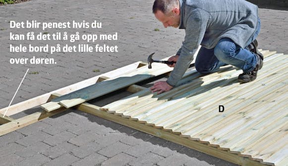 Kledning spikres fast på alle sidene på utebod Kledningen spikres fast på alle sidene på uteboden